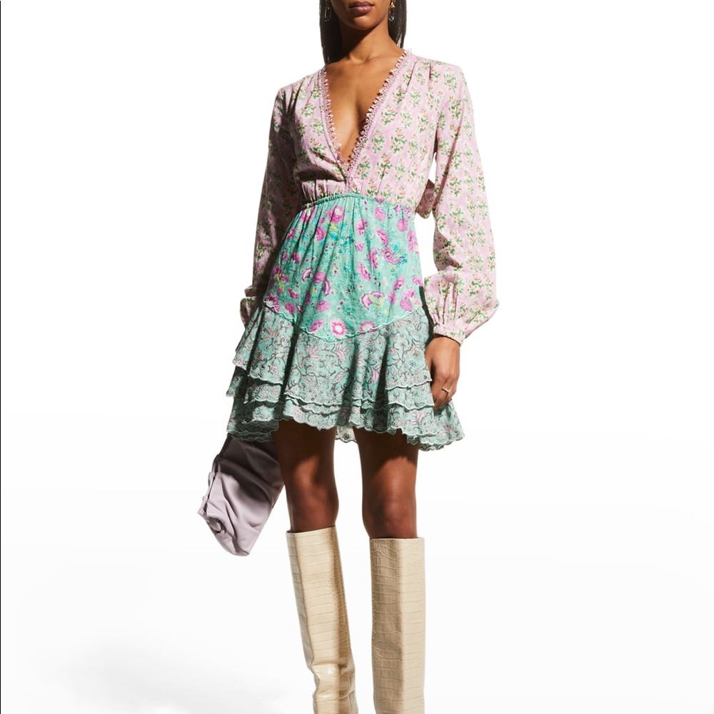 HEMANT & NANDITA Hera Fit-&-Flare Short Dress with Lace Orchid Pink Mint XS NWT
